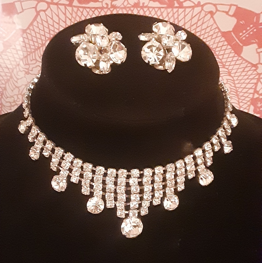 Vintage RHINESTONE CHOKER w/EARRINGS Demi-Parure c1950-60